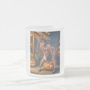 Halloween Monster Jack-o-Lantern & Bat Vixen Girl Frosted Glass Coffee Mug
