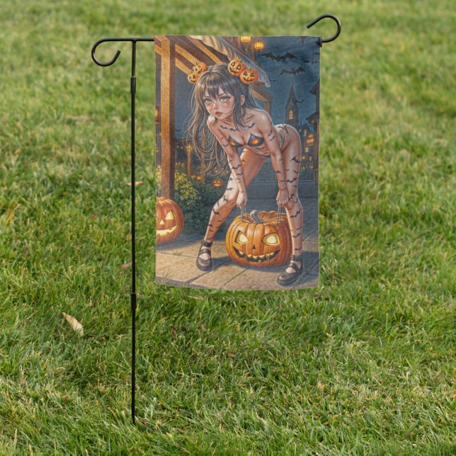 Halloween Monster Jack-o-Lantern & Bat Vixen Girl Garden Flag (In SItu)