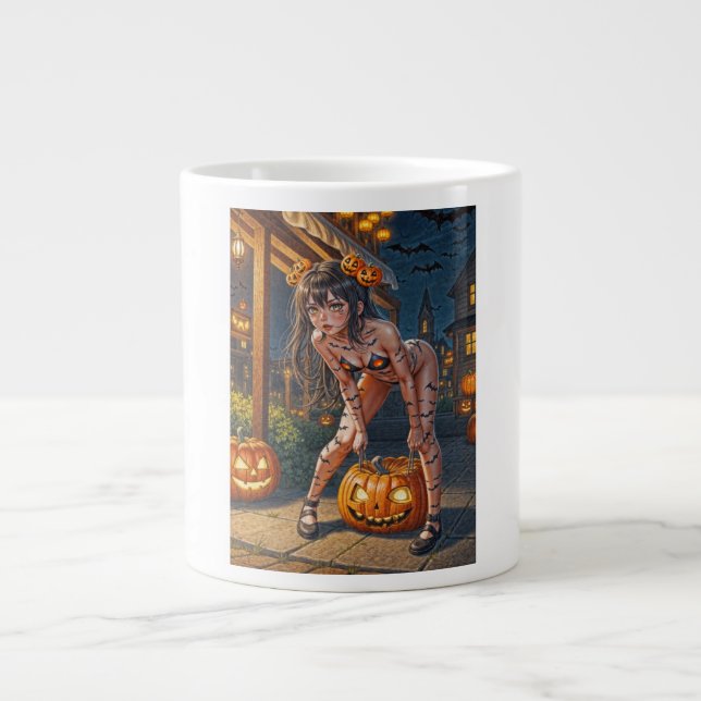 Halloween Monster Jack-o-Lantern & Bat Vixen Girl Giant Coffee Mug (Front)
