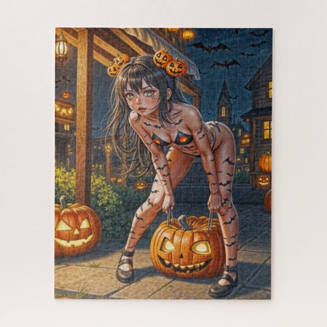 Halloween Monster Jack-o-Lantern & Bat Vixen Girl Jigsaw Puzzle (Vertical)