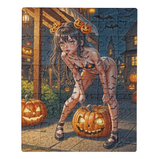 Halloween Monster Jack-o-Lantern & Bat Vixen Girl Jigsaw Puzzle (Puzzle Vertical)