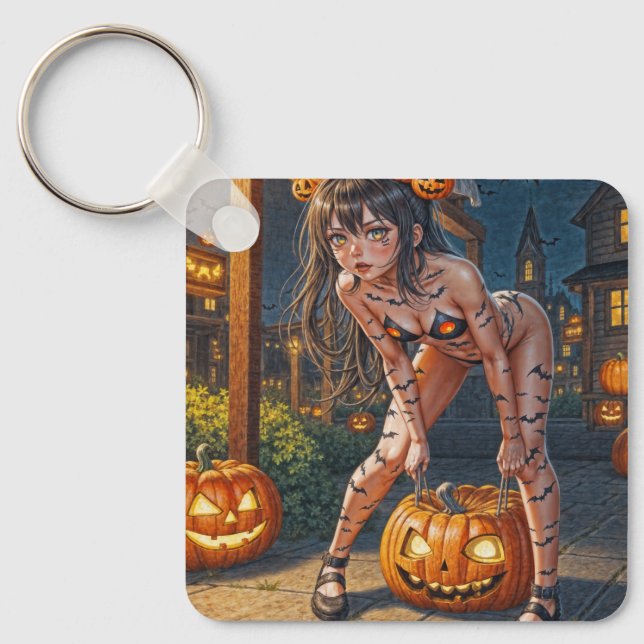Halloween Monster Jack-o-Lantern & Bat Vixen Girl Keychain (Front)