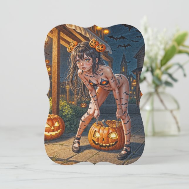 Halloween Monster Jack-o-Lantern & Bat Vixen Girl Note Card (Standing Front)