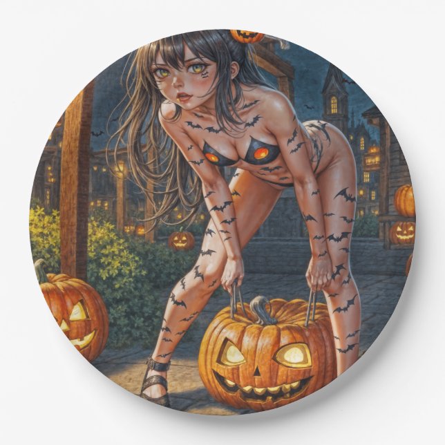 Halloween Monster Jack-o-Lantern & Bat Vixen Girl Paper Plates (Front)