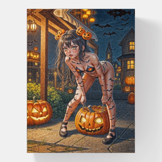 Halloween Monster Jack-o-Lantern & Bat Vixen Girl Paperweight (Vertical)