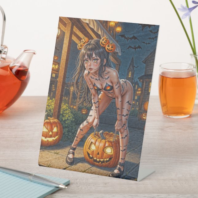 Halloween Monster Jack-o-Lantern & Bat Vixen Girl Pedestal Sign (In SItu)
