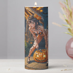 Halloween Monster Jack-o-Lantern & Bat Vixen Girl Pillar Candle