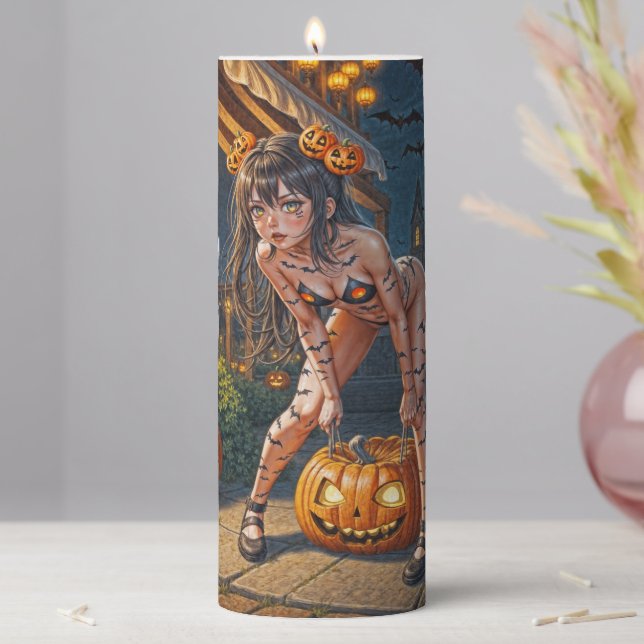 Halloween Monster Jack-o-Lantern & Bat Vixen Girl Pillar Candle (In Situ)