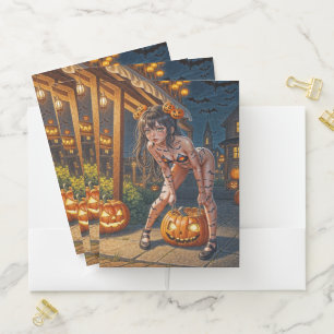 Halloween Monster Jack-o-Lantern & Bat Vixen Girl Pocket Folder