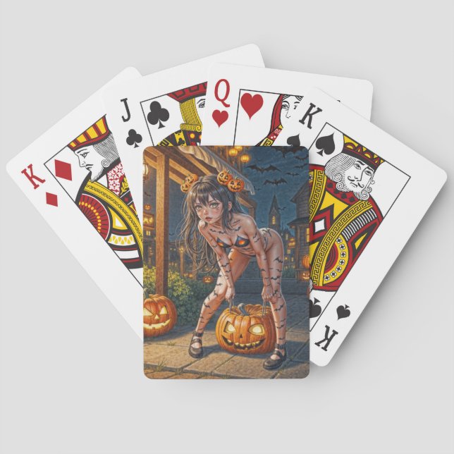 Halloween Monster Jack-o-Lantern & Bat Vixen Girl Poker Cards (Back)