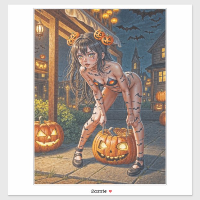 Halloween Monster Jack-o-Lantern & Bat Vixen Girl Sticker (Sheet)