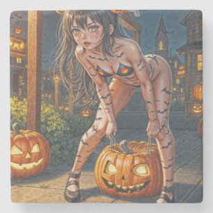 Halloween Monster Jack-o-Lantern & Bat Vixen Girl Stone Coaster