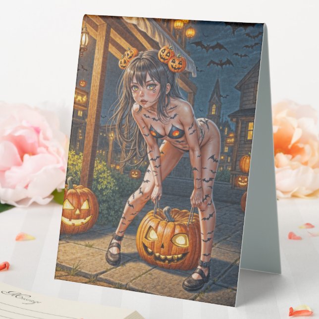 Halloween Monster Jack-o-Lantern & Bat Vixen Girl Table Tent (In SItu (Wedding))
