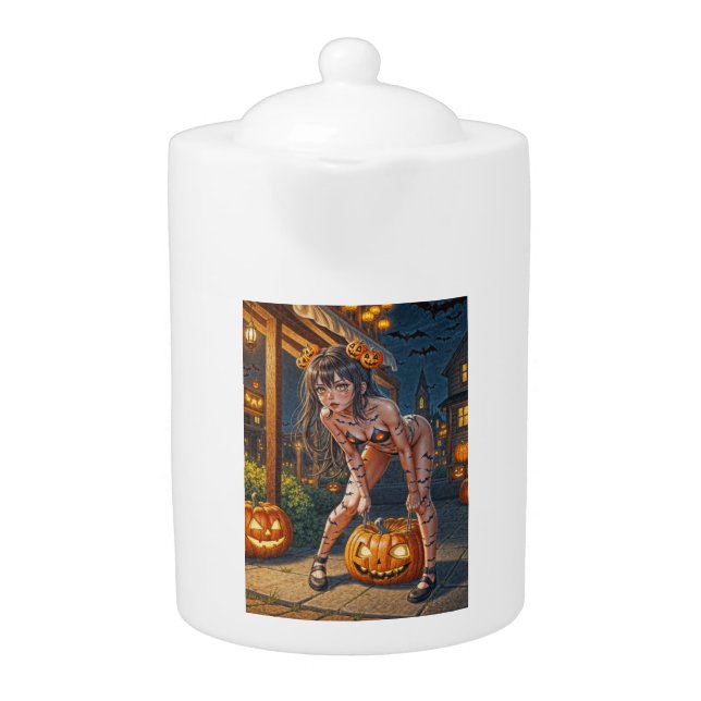 Halloween Monster Jack-o-Lantern & Bat Vixen Girl Teapot (Front)