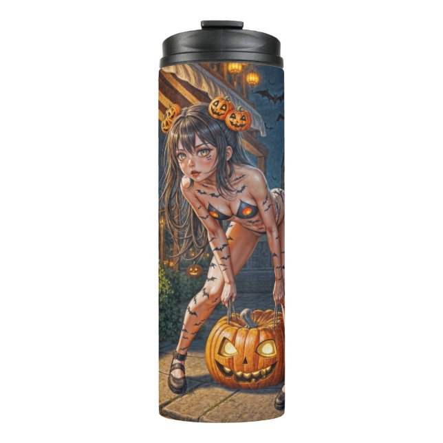 Halloween Monster Jack-o-Lantern & Bat Vixen Girl Thermal Tumbler (Front)