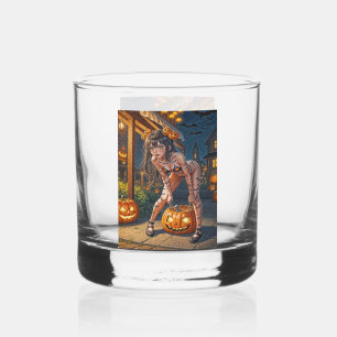 Halloween Monster Jack-o-Lantern & Bat Vixen Girl Whiskey Glass
