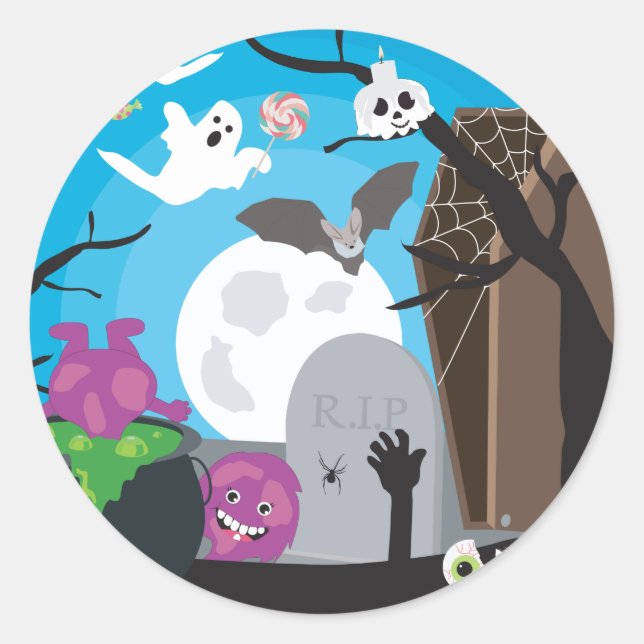 Halloween Monster Scene Classic Round Sticker (Front)