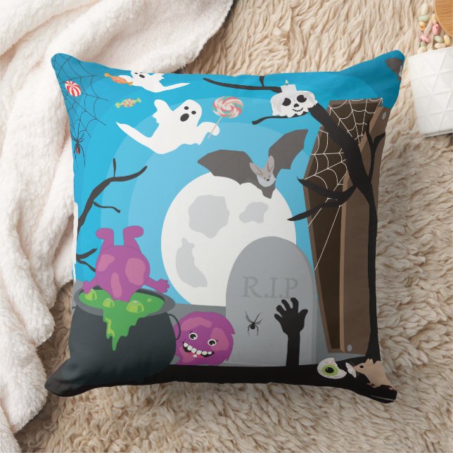 Halloween Monster Scene Throw Pillow (Blanket)