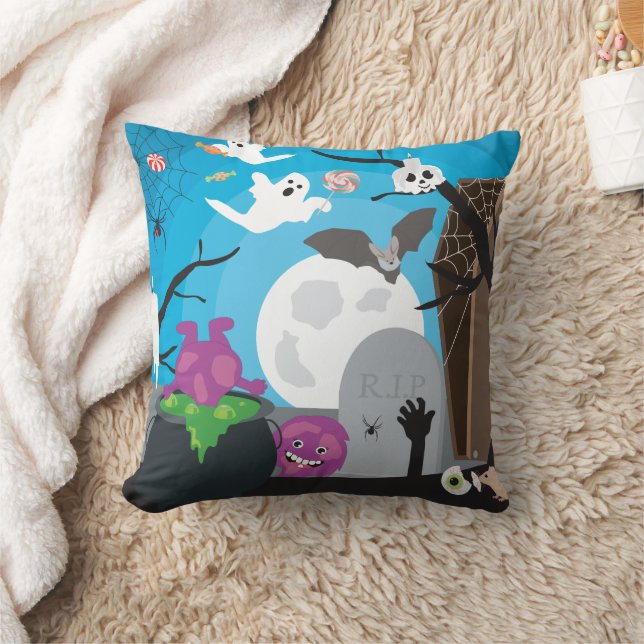 Halloween Monster Scene Throw Pillow (Blanket)