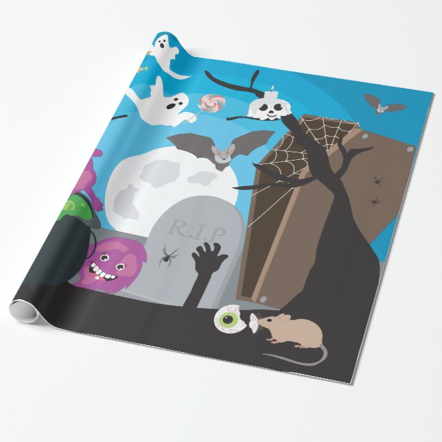 Halloween Monster Scene Wrapping Paper (Unrolled)