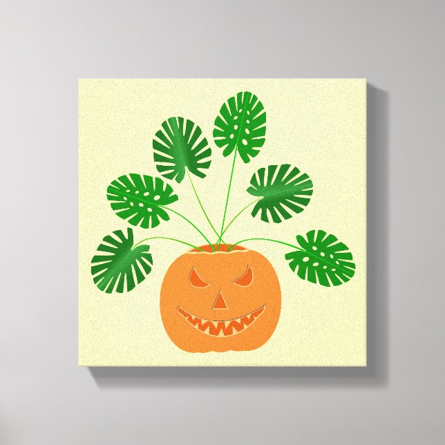 Halloween Monstera Plant in Pumpkin Canvas Print (Front)