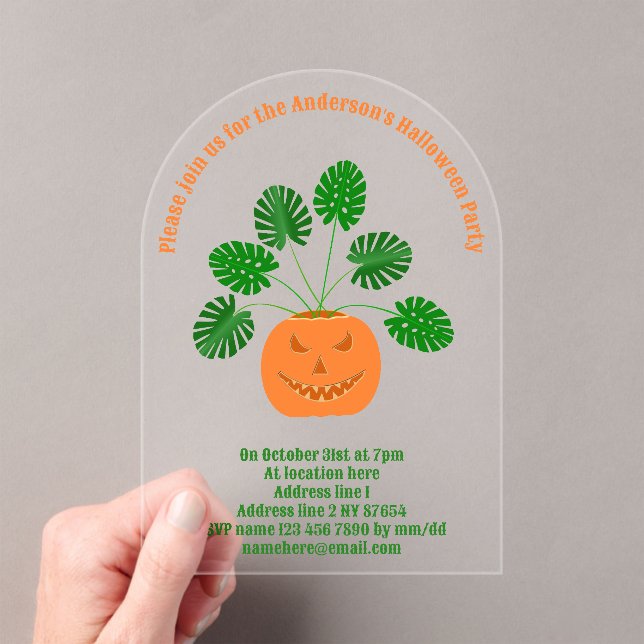 Halloween Monstera Plant in Pumpkin Custom Acrylic Invitations (Insitu (Handheld))
