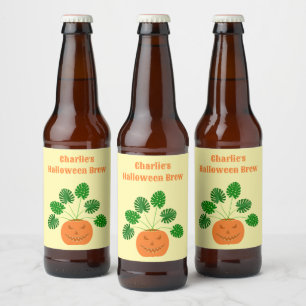 Halloween Monstera Plant in Pumpkin Custom Beer Bottle Label