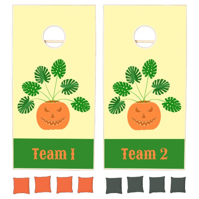 Halloween Monstera Plant in Pumpkin Custom Cornhole Set (Set)
