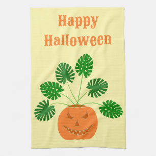 Halloween Monstera Plant in Pumpkin Custom Kitchen Towel