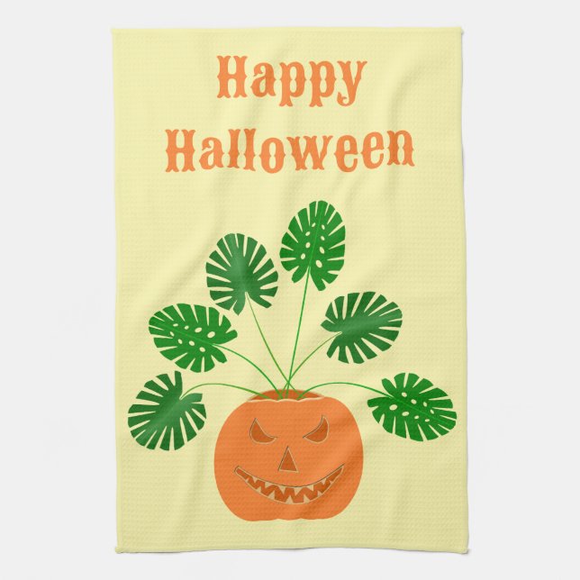 Halloween Monstera Plant in Pumpkin Custom Kitchen Towel (Vertical)