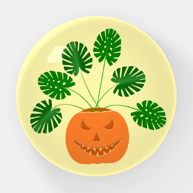 Halloween Monstera Plant in Pumpkin Paperweight (Front)