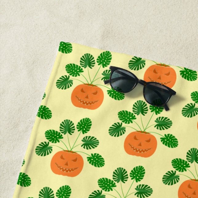 Halloween Monstera Plant in Pumpkin Patterned Beach Towel (In Situ)