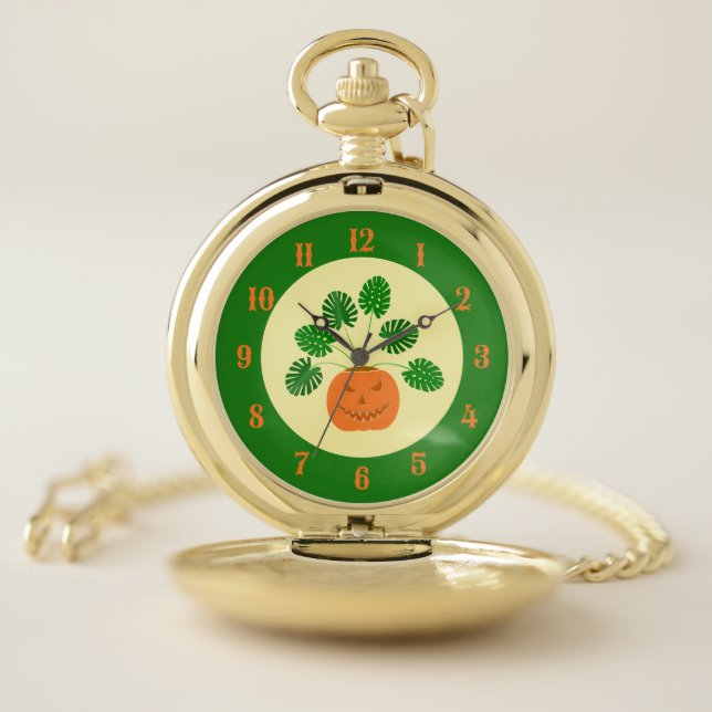 Halloween Monstera Plant in Pumpkin Pocket Watch (Inside)