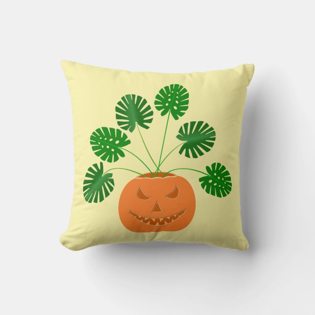 Halloween Monstera Plant in Pumpkin Throw Pillow (Front)