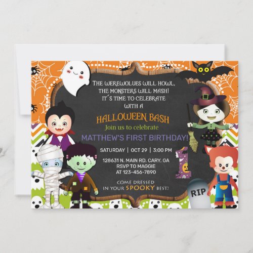 Halloween monsters 1st birthday invitation invite