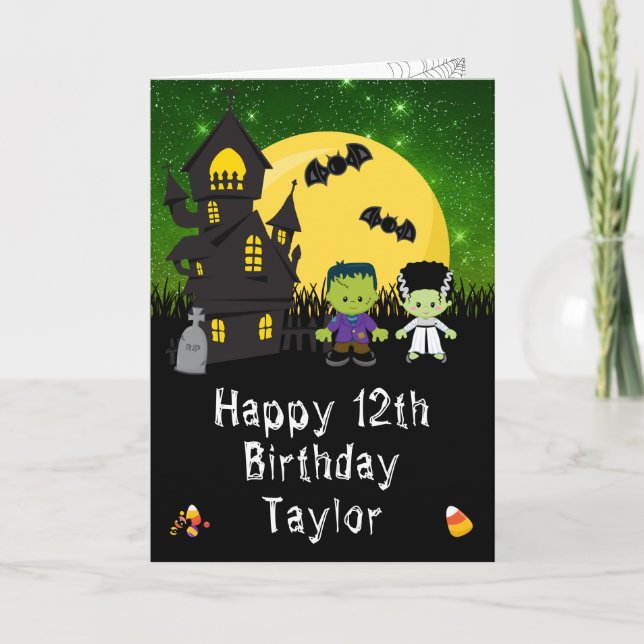 Halloween Monsters Green Happy Birthday Card (Front)