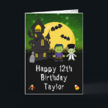 Halloween Monsters Green Happy Birthday Card<br><div class="desc">This fun and spooky birthday card can be personalized with a name or title, such as daughter, granddaughter, niece, friend etc. It features cute Frankenstein monsters beside a crooked haunted house. In the background is a full moon with bats and a green night sky with stars. The text combines decorative...</div>