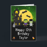 Halloween Monsters Green Happy Birthday Card<br><div class="desc">This fun and spooky birthday card can be personalized with a name or title, such as daughter, granddaughter, niece, friend etc. It features cute Frankenstein monsters beside a crooked haunted house. In the background is a full moon with bats and a green night sky with stars. The text combines decorative...</div>