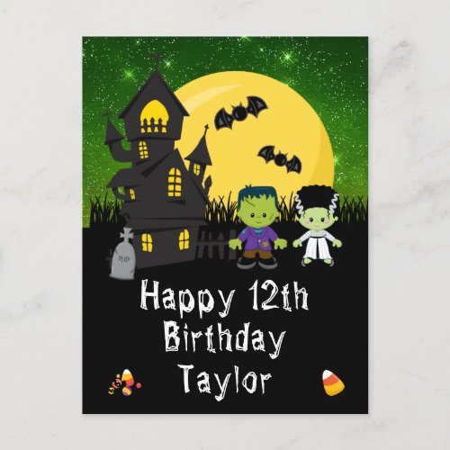 Halloween Monsters Green Happy Birthday Postcard