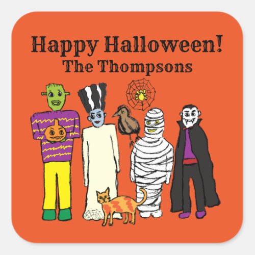 Halloween Monsters Illustration with Name Favor Square Sticker