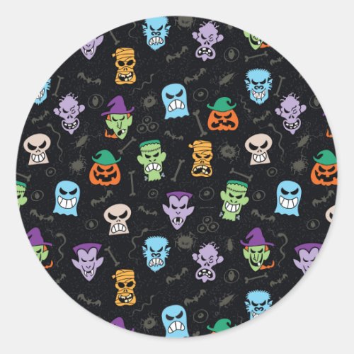 Halloween monsters making scary funny faces classic round sticker