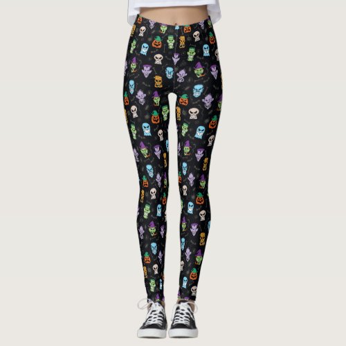 Halloween monsters making scary funny faces leggings