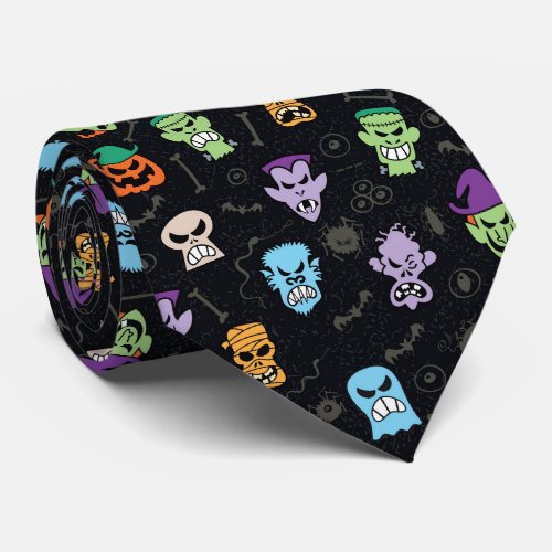 Halloween monsters making scary funny faces neck tie