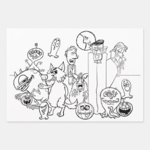 HALLOWEEN MONSTERS Wrapping Paper Sheet Set of 3
