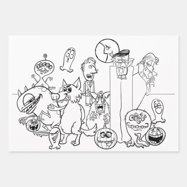 HALLOWEEN MONSTERS Wrapping Paper Sheet Set of 3 (Front)