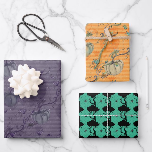 Halloween mood purple orange and turquoise  wrapping paper sheets (Front)