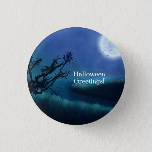 Halloween Moon at Night in Shades of Blue  Green Button