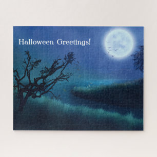Halloween Moon at Night in Shades of Blue & Green Jigsaw Puzzle