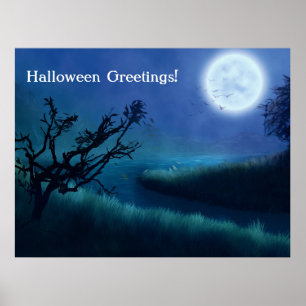 Halloween Moon at Night in Shades of Blue & Green Poster