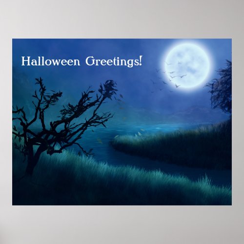 Halloween Moon at Night in Shades of Blue  Green Poster